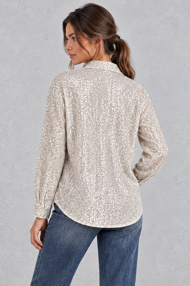 Women's Sequin Button-Front Shirt in Silver – view 4
