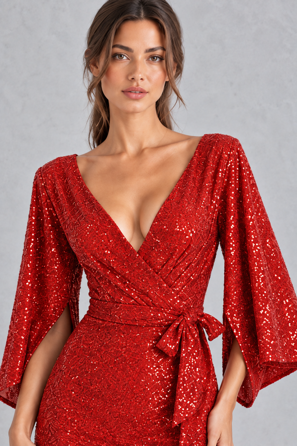Women’s sequin V-neck evening dress with long raglan sleeves, a high-waisted silhouette, sparkling embellishments and an elegant split detail.