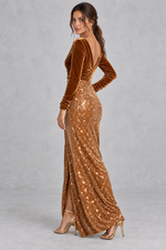 Women’s sequin velvet V-neck midi party dress with long sleeves, sparkling sequin patchwork and plush velvet detailing.