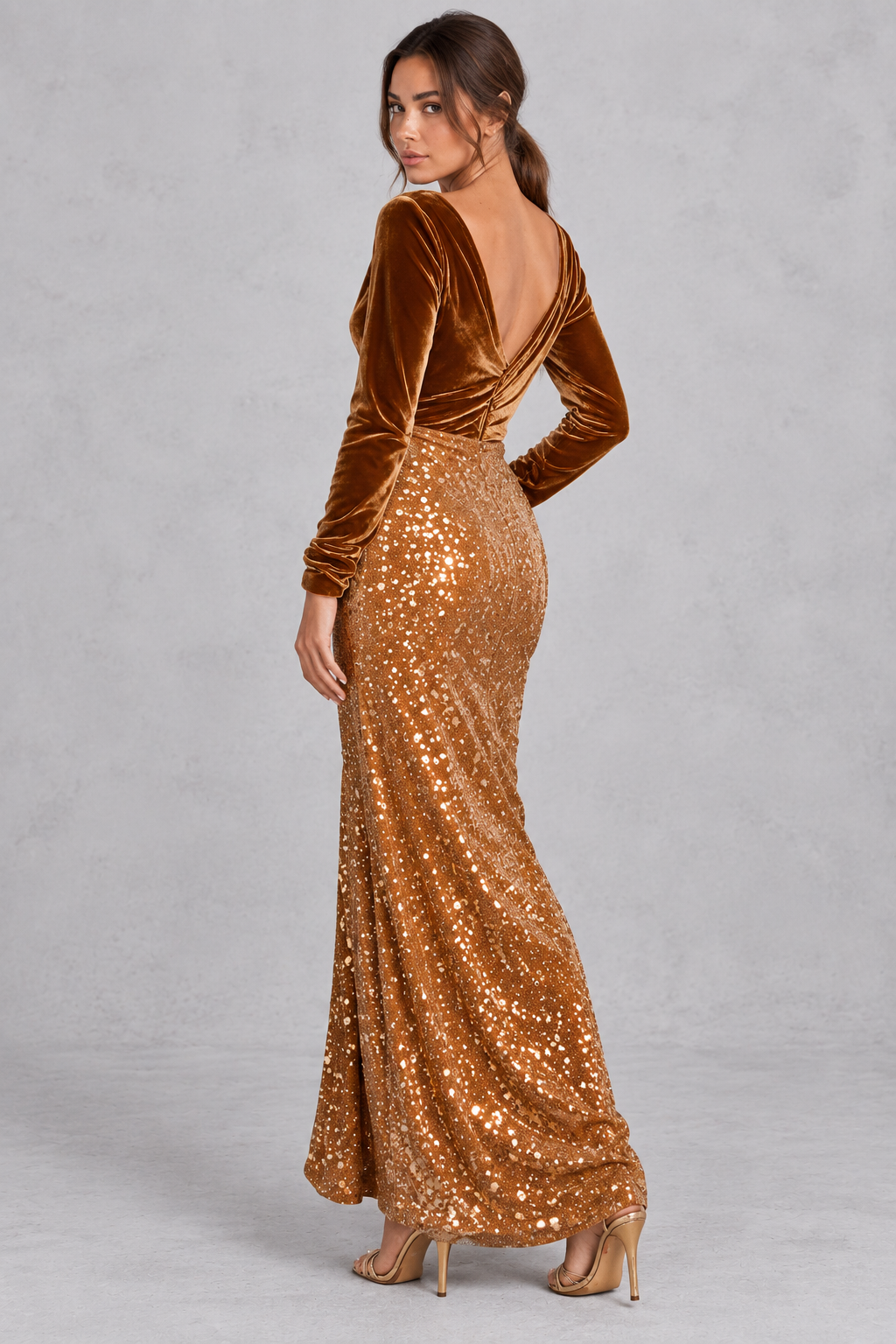 Women’s sequin velvet V-neck midi party dress with long sleeves, sparkling sequin patchwork and plush velvet detailing.