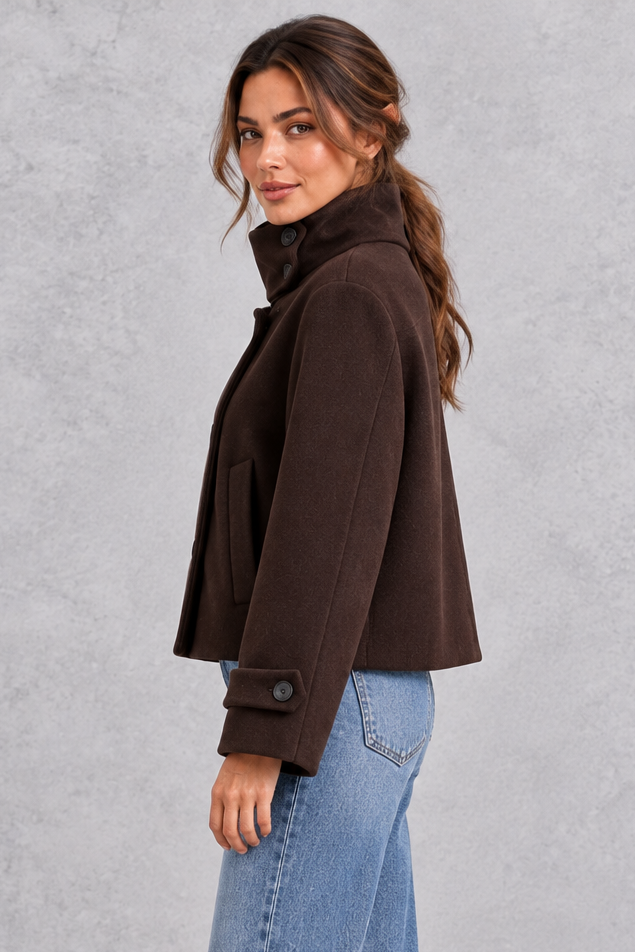 Women's short wool-blend jacket in Chocolate Brown – side view