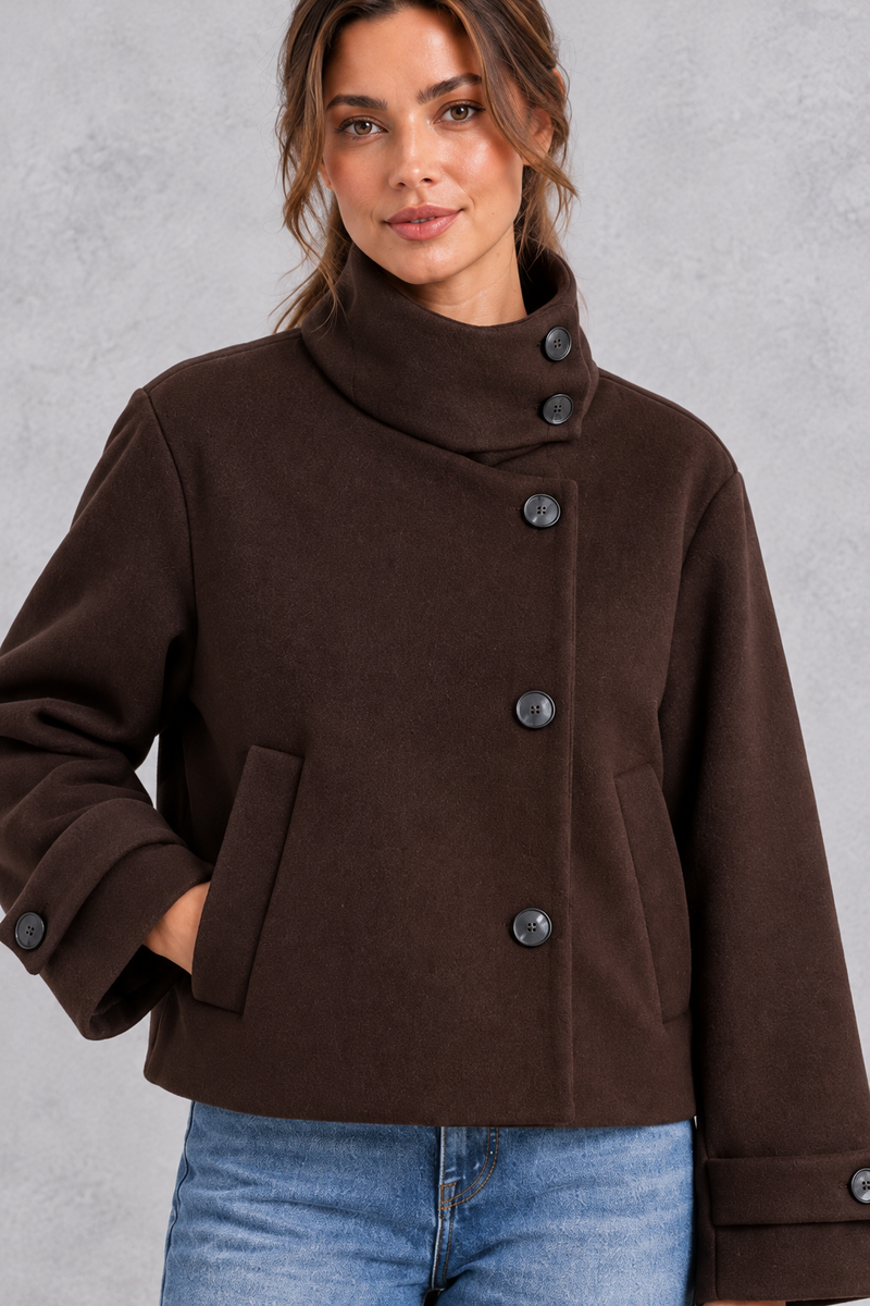 Women's short wool-blend jacket in Chocolate Brown – close-up view
