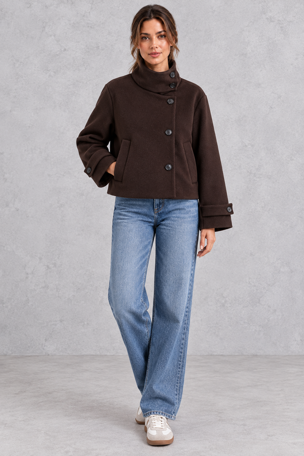 Women's short wool-blend jacket in Chocolate Brown – full-length view
