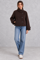 Women's short wool-blend jacket in Chocolate Brown – full-length view