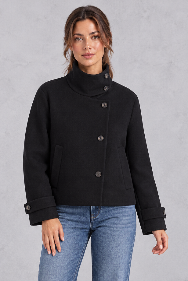 Women's short wool-blend jacket in Black – front view