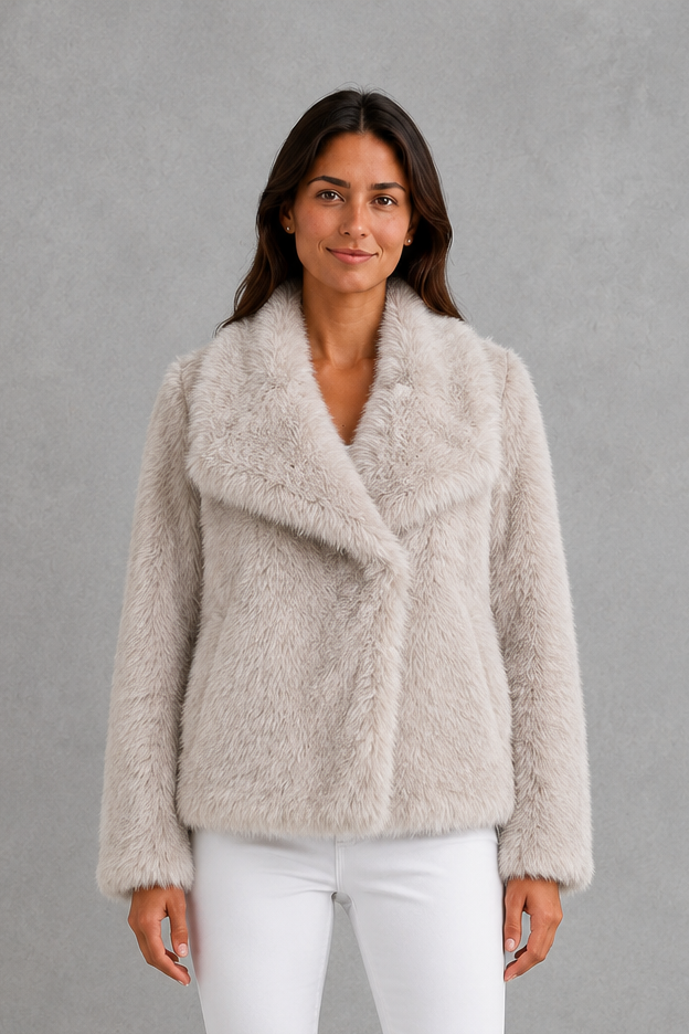 Women’s sleek faux fur jacket with a soft plush texture and elegant winter silhouette.