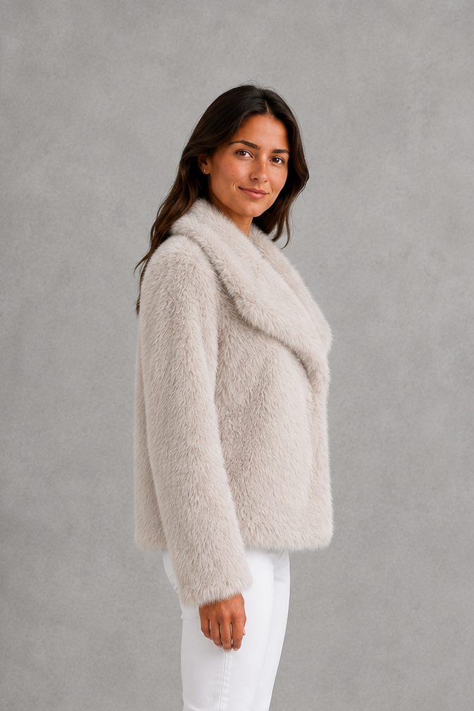 Women’s sleek faux fur jacket with a soft plush texture and elegant winter silhouette.