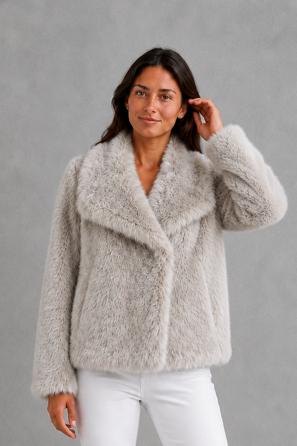 Women’s sleek faux fur jacket with a soft plush texture and elegant winter silhouette.
