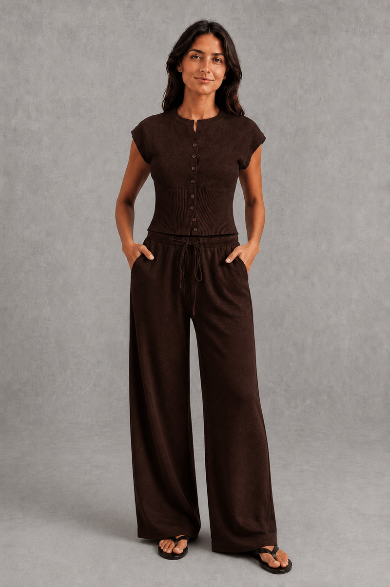 Women’s sleeveless knitted two piece co-ord with button-front fitted top and matching relaxed wide leg drawstring trousers.
