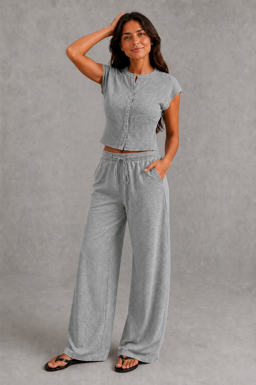Women’s sleeveless knitted two piece co-ord with button-front fitted top and matching relaxed wide leg drawstring trousers.