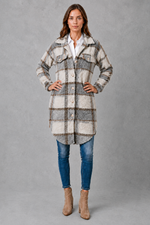 Women’s soft plush check jacket with button-front fastening and cosy teddy-style texture for autumn and winter.