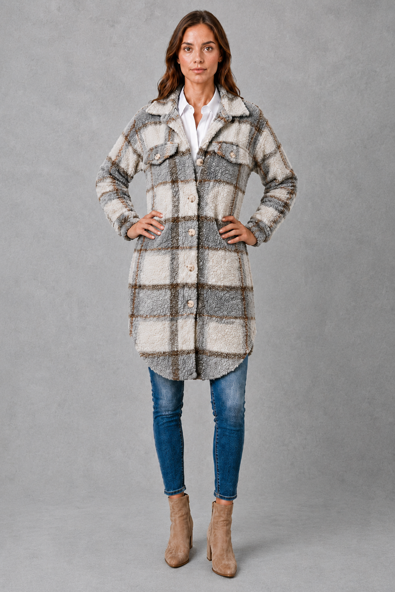Women’s soft plush check jacket with button-front fastening and cosy teddy-style texture for autumn and winter.