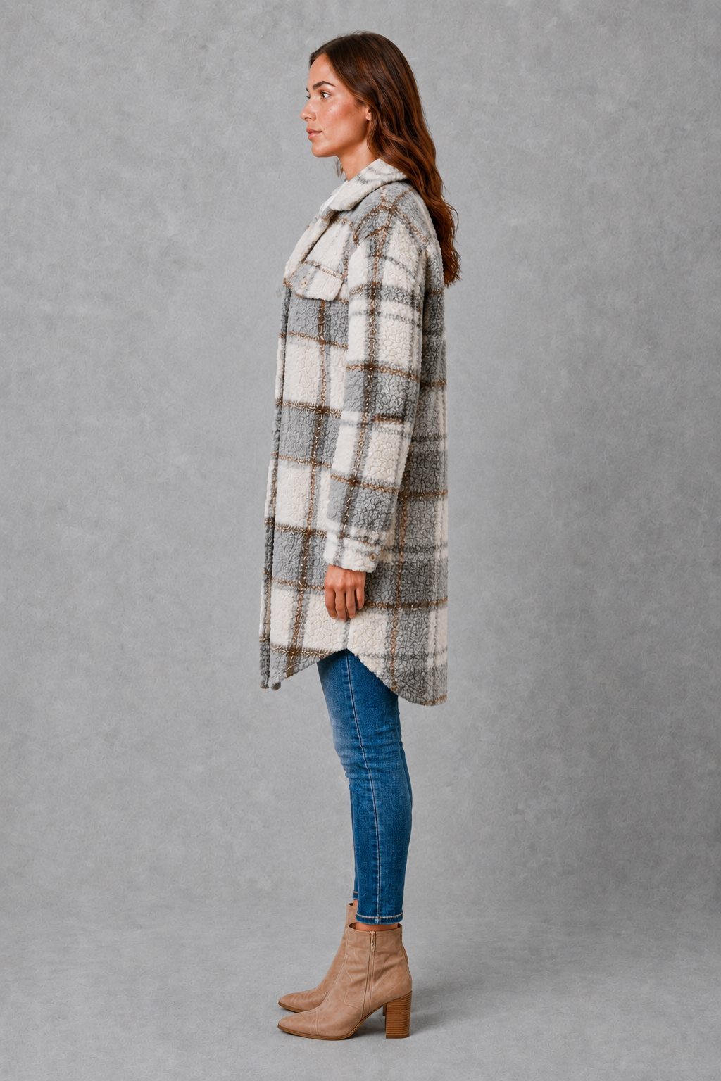 Women’s soft plush check jacket with button-front fastening and cosy teddy-style texture for autumn and winter.