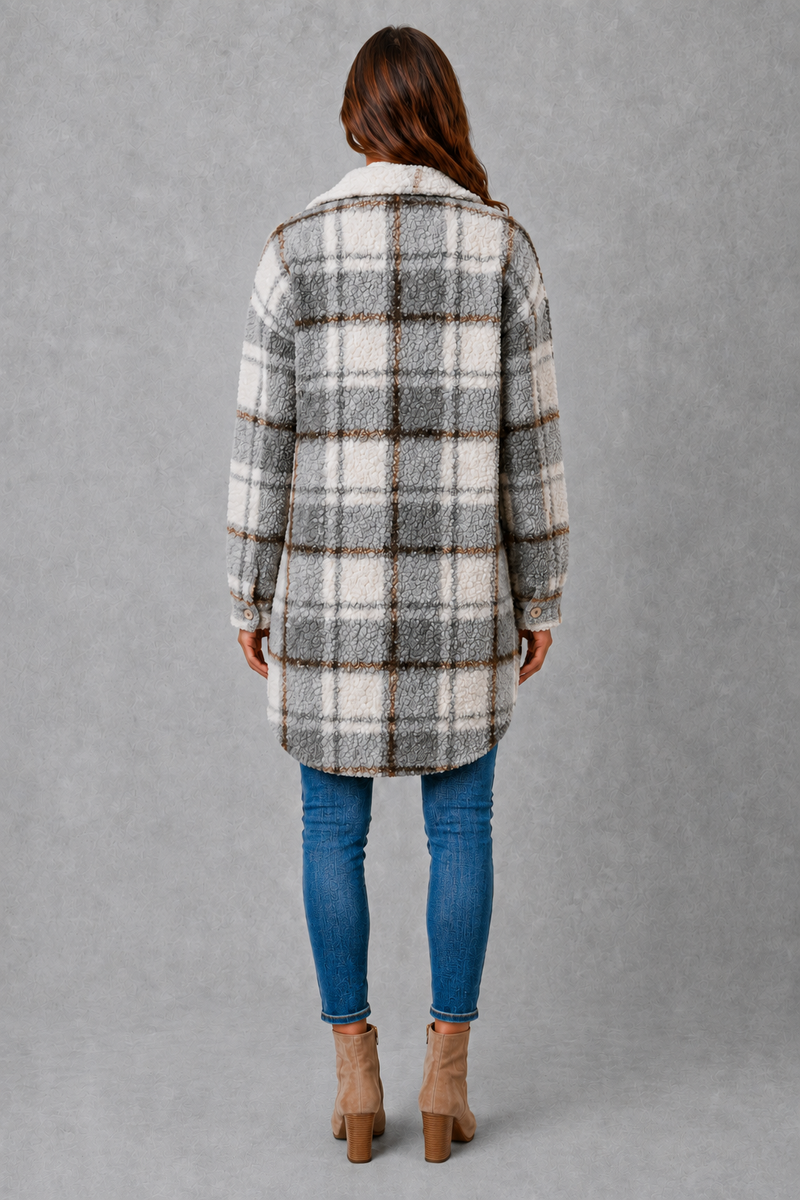 Women’s soft plush check jacket with button-front fastening and cosy teddy-style texture for autumn and winter.