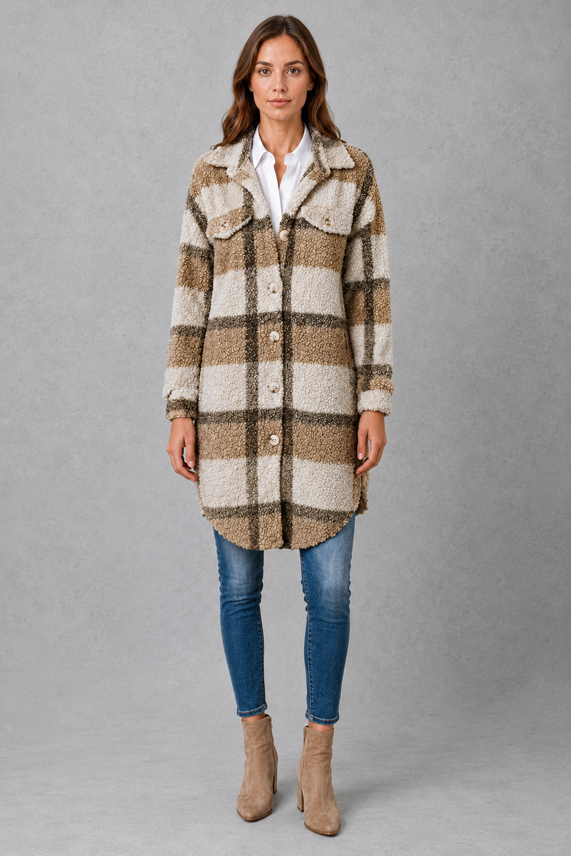 Women’s soft plush check jacket with button-front fastening and cosy teddy-style texture for autumn and winter.
