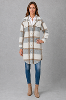 Women’s soft plush check jacket with button-front fastening and cosy teddy-style texture for autumn and winter.