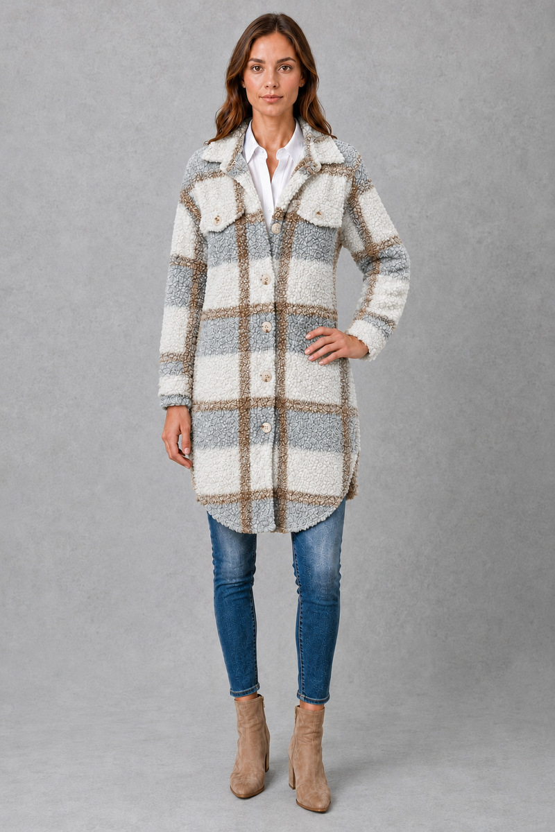 Women’s soft plush check jacket with button-front fastening and cosy teddy-style texture for autumn and winter.