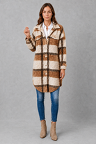Women’s soft plush check jacket with button-front fastening and cosy teddy-style texture for autumn and winter.