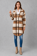 Women’s soft plush check jacket with button-front fastening and cosy teddy-style texture for autumn and winter.