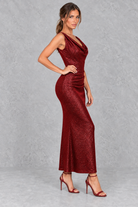 Women’s sparkle sleeveless evening dress with a shimmering finish and sleek, fitted bodycon silhouette.
