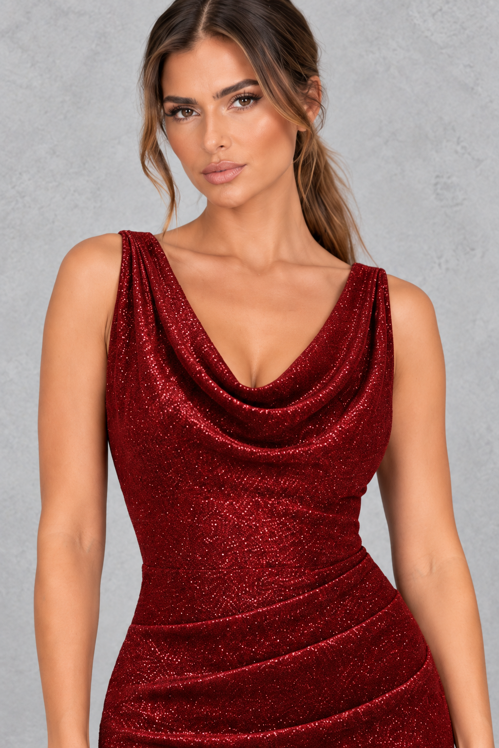 Women’s sparkle sleeveless evening dress with a shimmering finish and sleek, fitted bodycon silhouette.