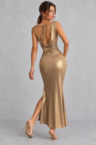 Women’s sparkle square neck party dress with delicate straps, a sleek silhouette and statement backless design.