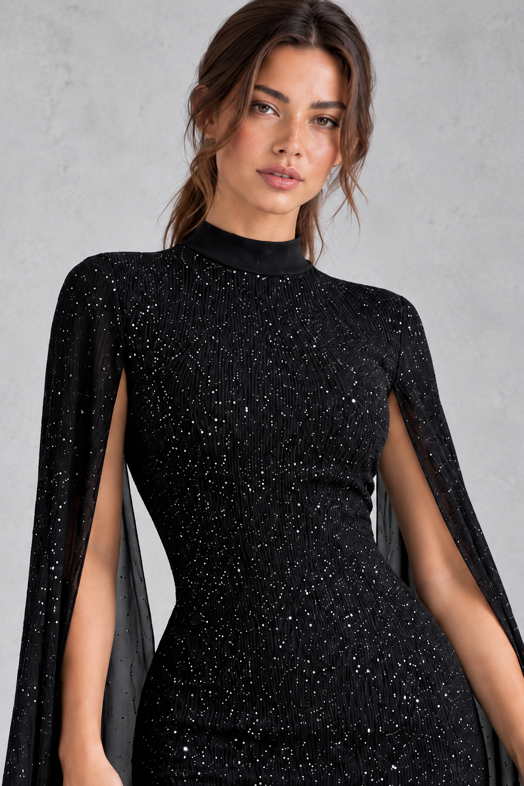 Women’s sparkly turtleneck mini party dress with statement lantern sleeves, a shimmering finish and fitted bodycon silhouette.