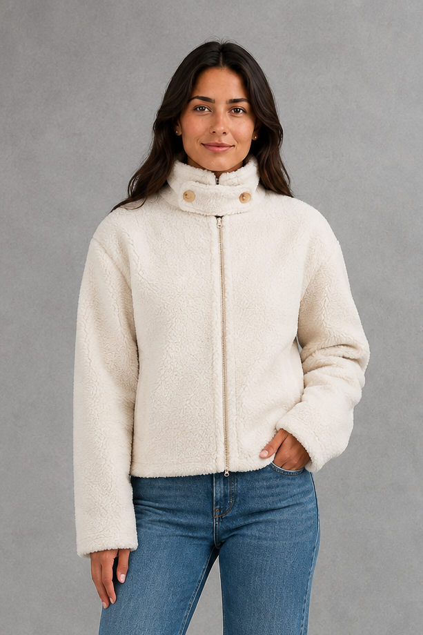 Women’s soft fleece jacket with a high stand collar, full zip fastening, long sleeves and a relaxed casual fit for autumn and winter.