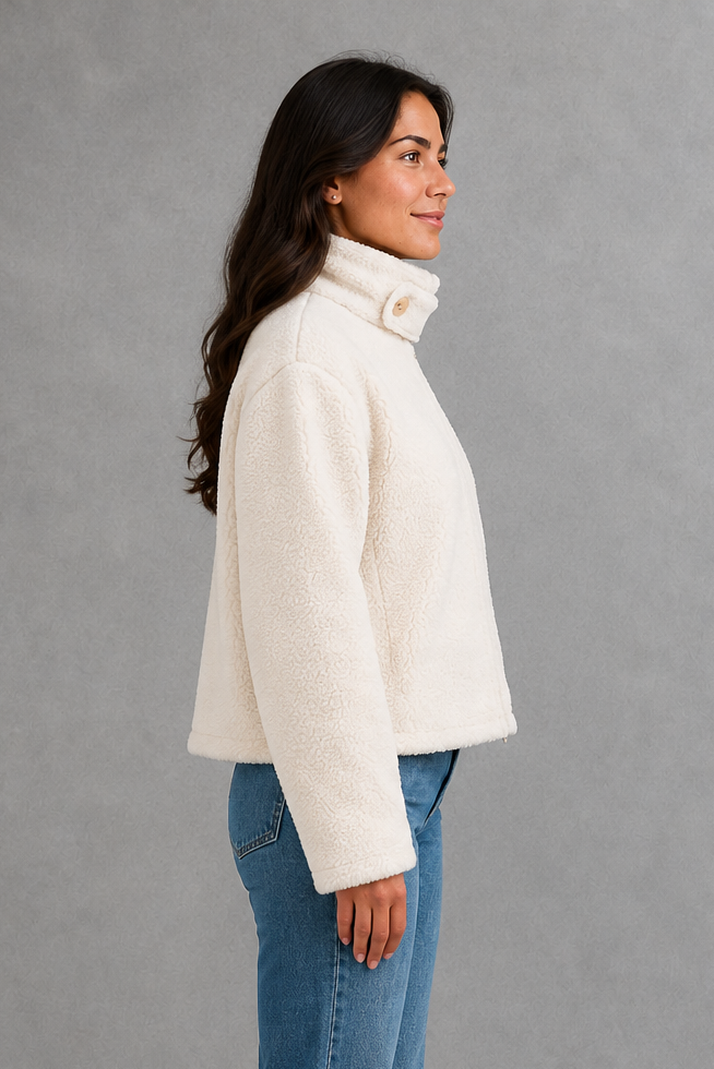Women’s soft fleece jacket with a high stand collar, full zip fastening, long sleeves and a relaxed casual fit for autumn and winter.