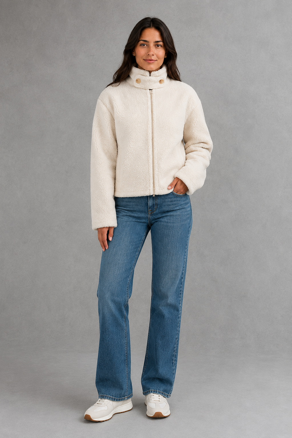 Women’s soft fleece jacket with a high stand collar, full zip fastening, long sleeves and a relaxed casual fit for autumn and winter.