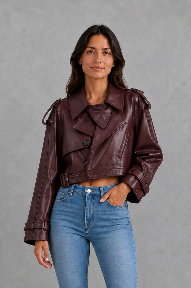 Women’s straight-cut leather jacket with an adjustable waist belt, structured longline silhouette and sleek tailored finish.