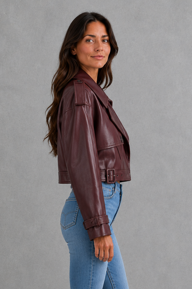 Women’s straight-cut leather jacket with an adjustable waist belt, structured longline silhouette and sleek tailored finish.