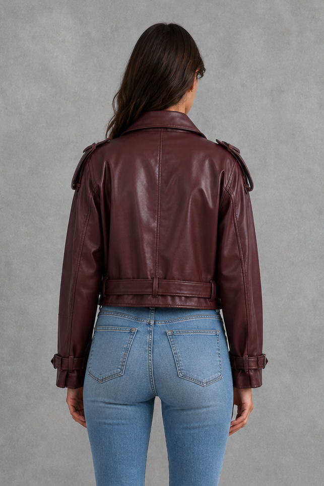 Women’s straight-cut leather jacket with an adjustable waist belt, structured longline silhouette and sleek tailored finish.
