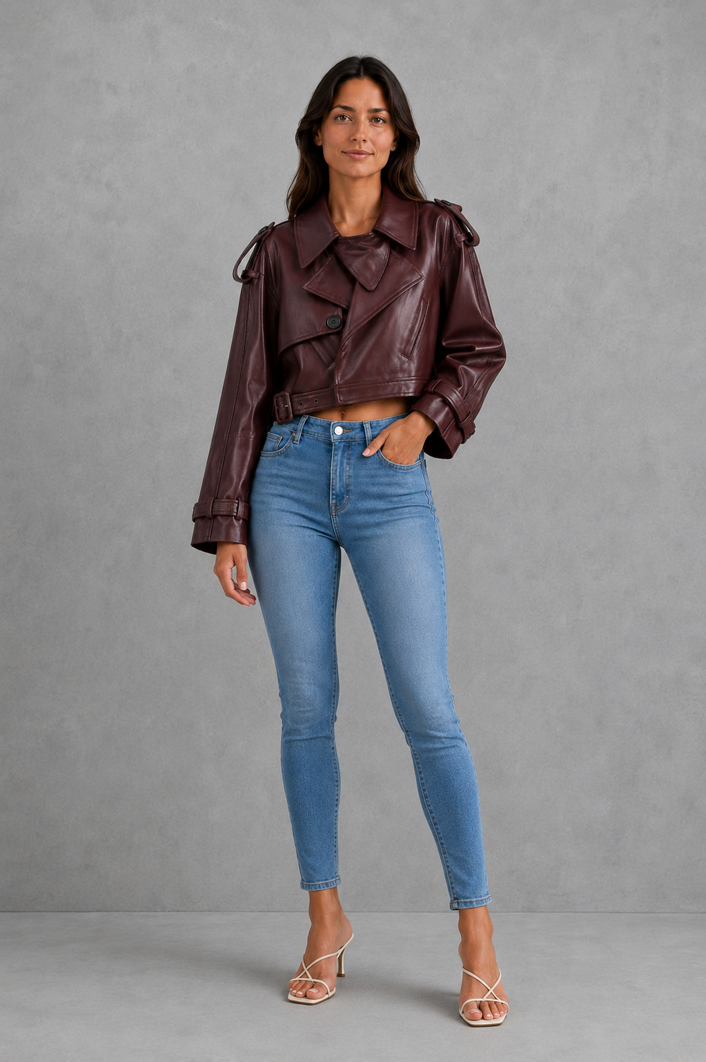 Women’s straight-cut leather jacket with an adjustable waist belt, structured longline silhouette and sleek tailored finish.