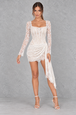 Women’s strapless lace evening dress with delicate lace detailing, sheer patchwork, a defined high waist and sleek fitted silhouette.