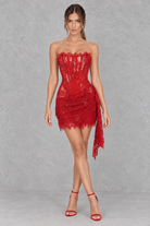 Women’s strapless lace evening dress with delicate lace detailing, sheer patchwork, a defined high waist and sleek fitted silhouette.