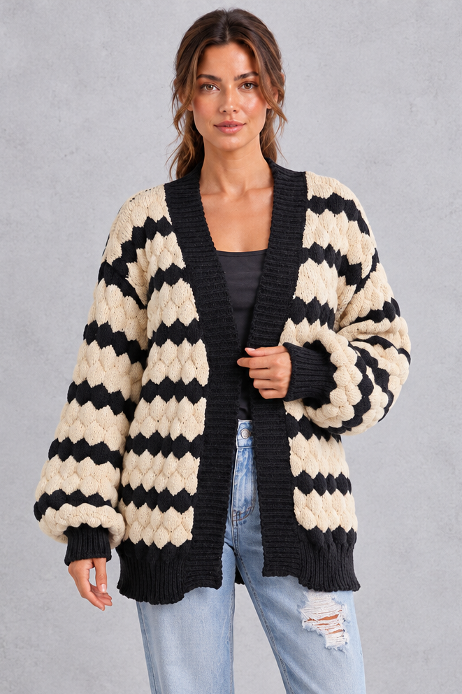 Women's apricot striped chunky knit cardigan with puff sleeves – front view