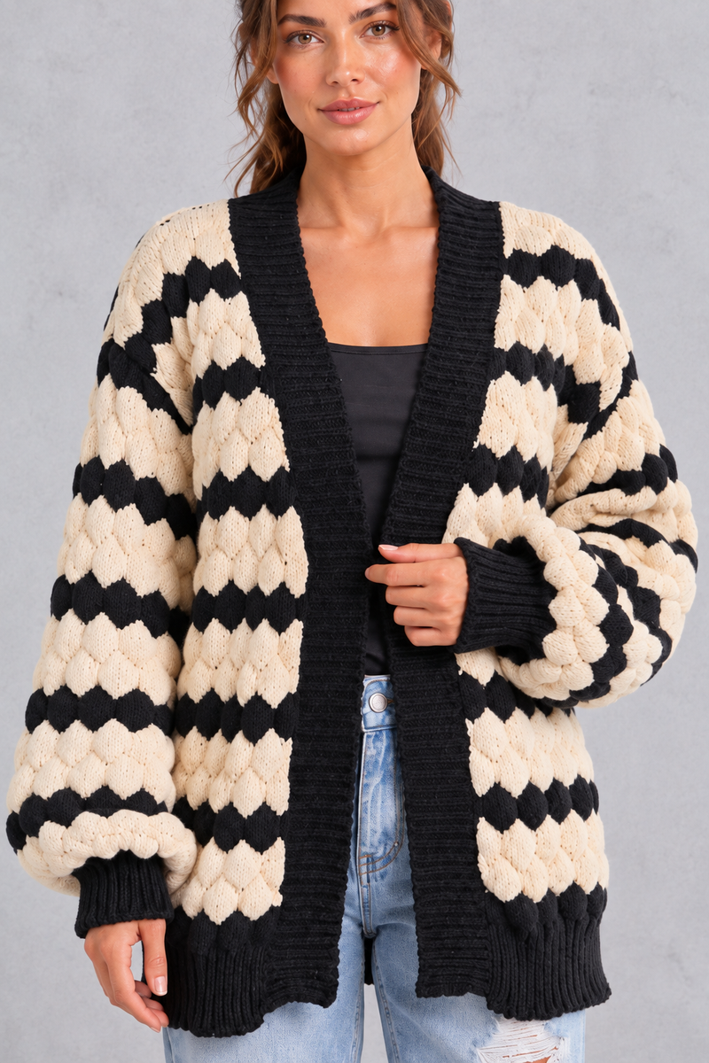Women's apricot striped chunky knit cardigan – close-up of bubble knit texture and black ribbed front band