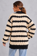 Women's apricot striped chunky knit cardigan with puff sleeves – back view
