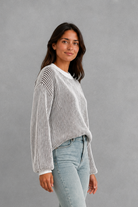Women’s  striped knit jumper with a relaxed fit, drop shoulders, crew neckline and long sleeves.