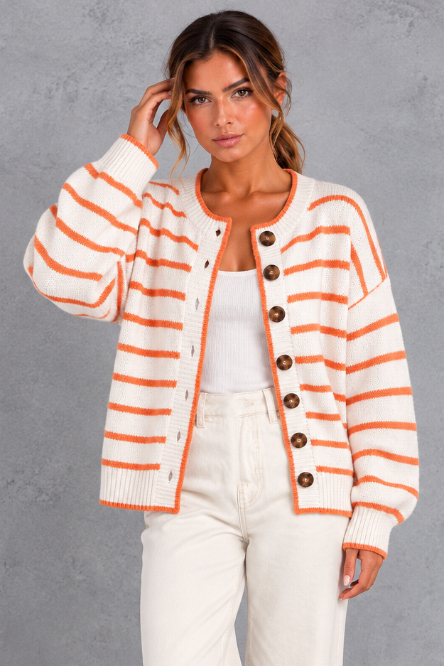 Women's white striped button up knit cardigan with orange stripes – front view