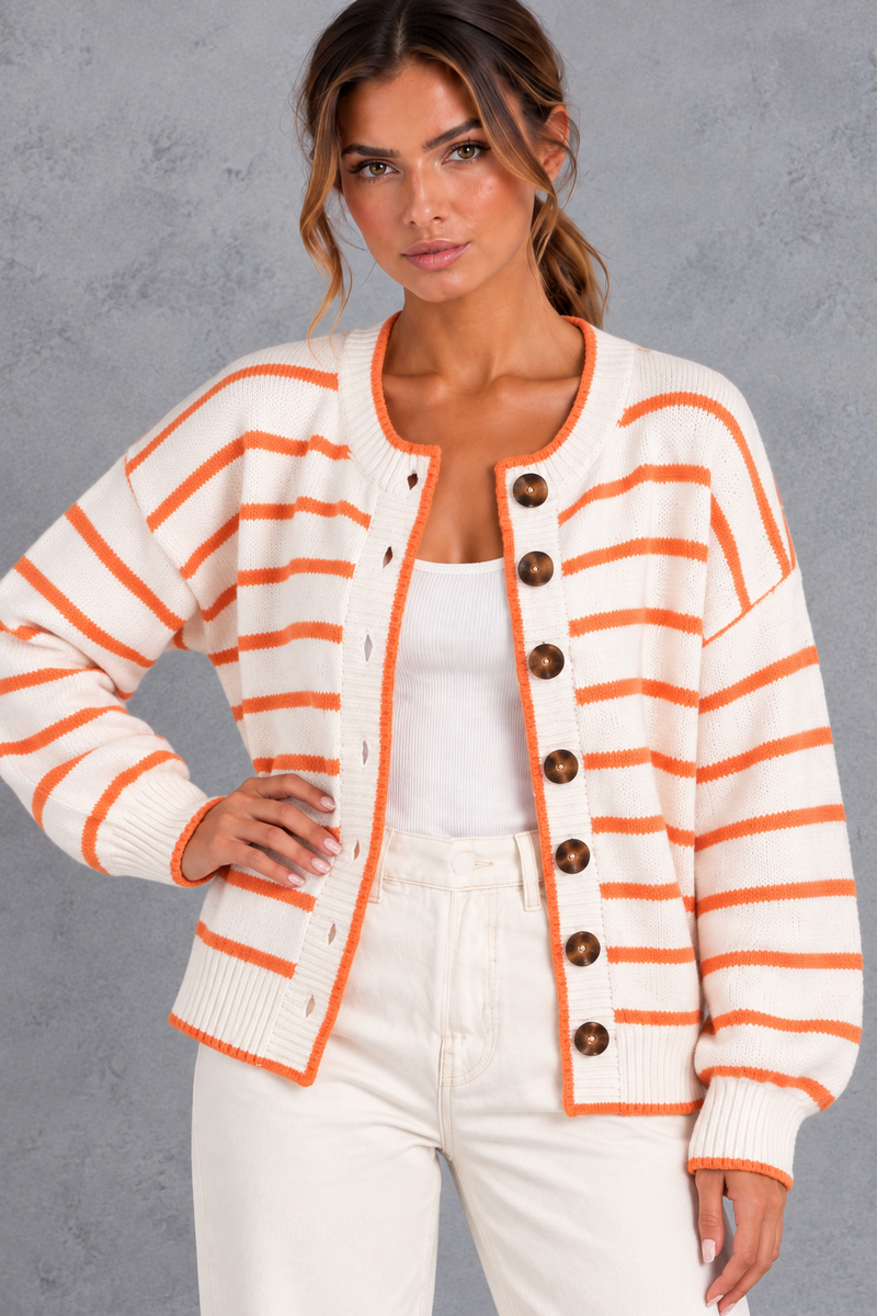 Women's white striped button up knit cardigan – close-up of crew neck and buttons