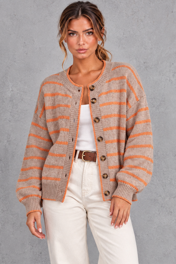 Women's coffee striped button up knit cardigan with orange stripes – front view