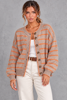 Women's coffee striped button up knit cardigan with orange stripes – front view