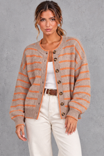 Women's coffee striped button up knit cardigan with orange stripes – front view
