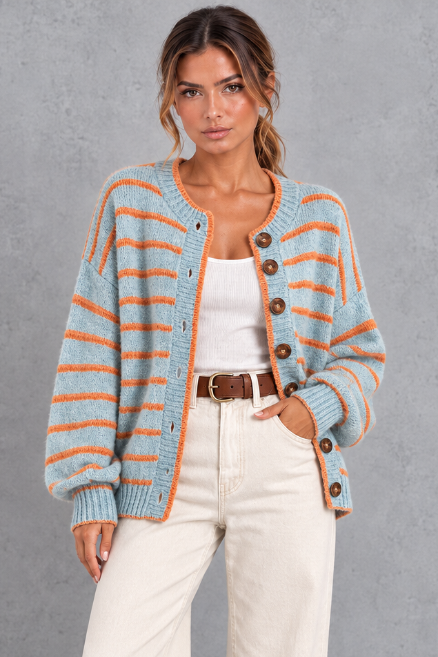 Women's blue striped button up knit cardigan with orange stripes – front view