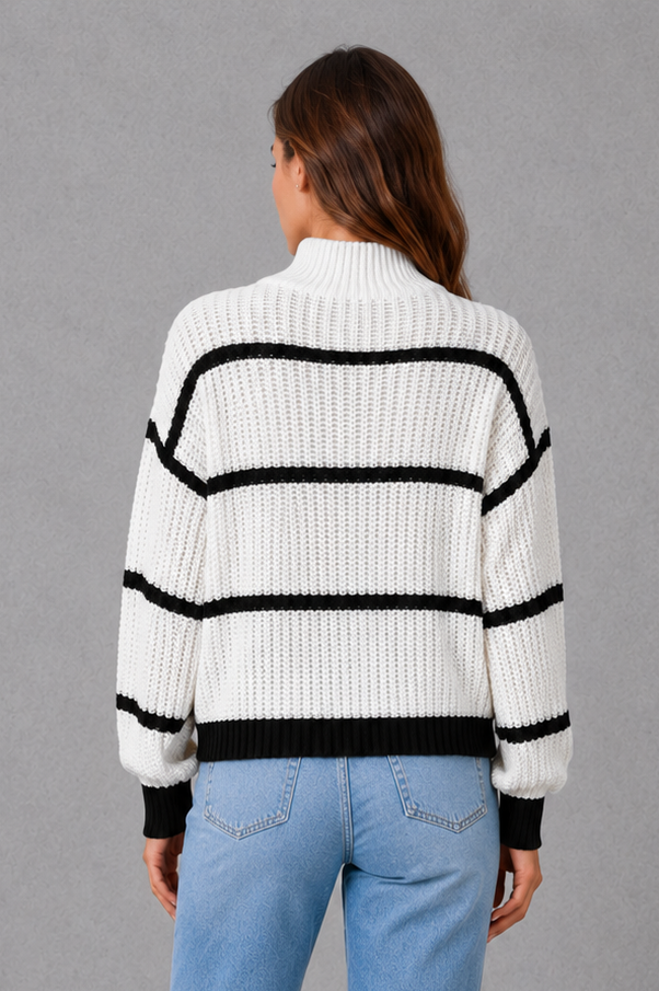 Women’s striped mock neck knit jumper with long sleeves, relaxed dropped shoulders and a cosy casual fit for autumn and winter.