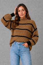 Women’s striped mock neck knit jumper with long sleeves, relaxed dropped shoulders and a cosy casual fit for autumn and winter.