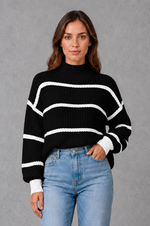 Women’s striped mock neck knit jumper with long sleeves, relaxed dropped shoulders and a cosy casual fit for autumn and winter.