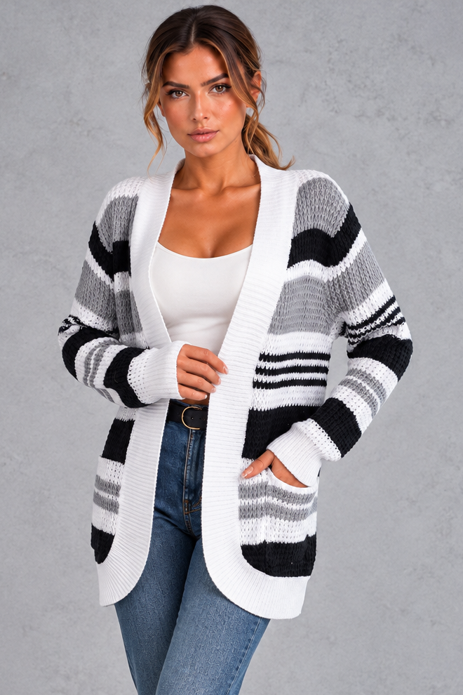 Women's striped open-front cardigan in Grey – front view